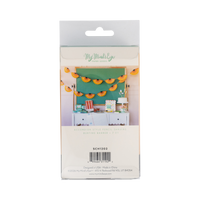 Back of pencil shaving banner packaging showing the styled product with chalkboard and classroom party table with product info