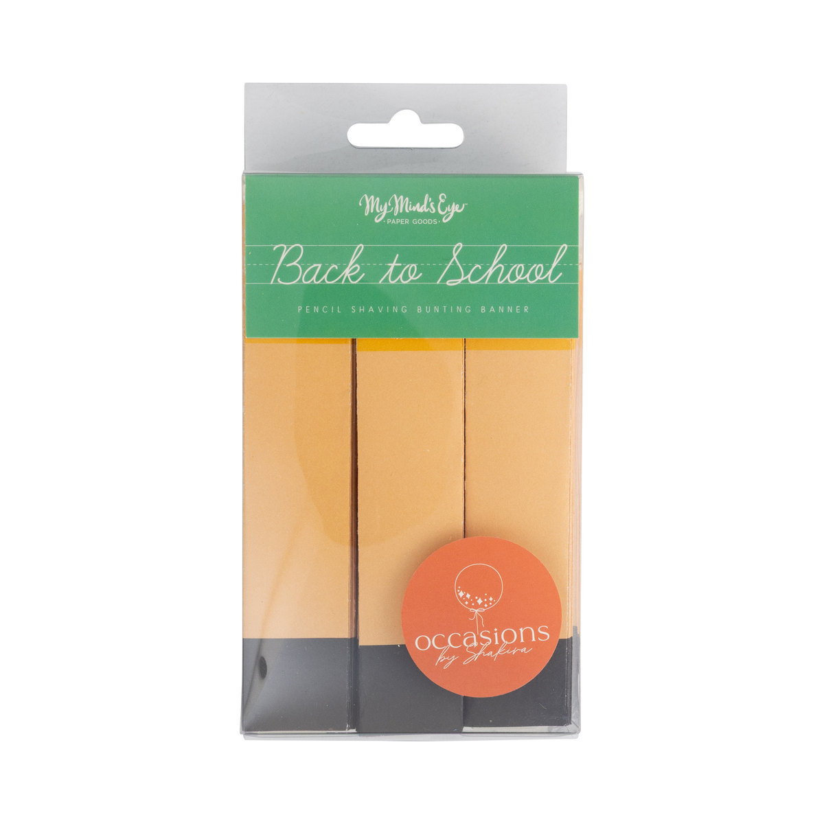 Front of pencil shaving bunting banner packaging in clear box with green "Back to School" label
