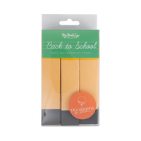 Front of pencil shaving bunting banner packaging in clear box with green "Back to School" label