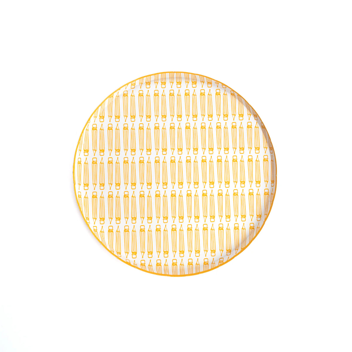 Close‑up product photo of yellow pencil dinner plate isolated on white.