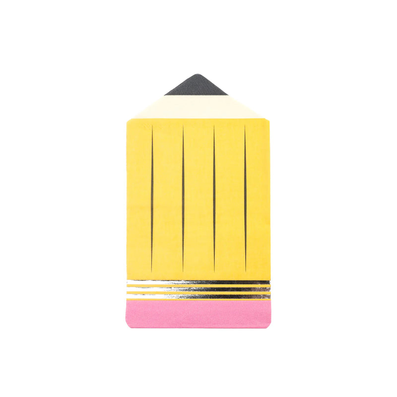 Isolated No. 2 pencil napkin on white—showing pink eraser, gold foil stripes, and black graphite tip