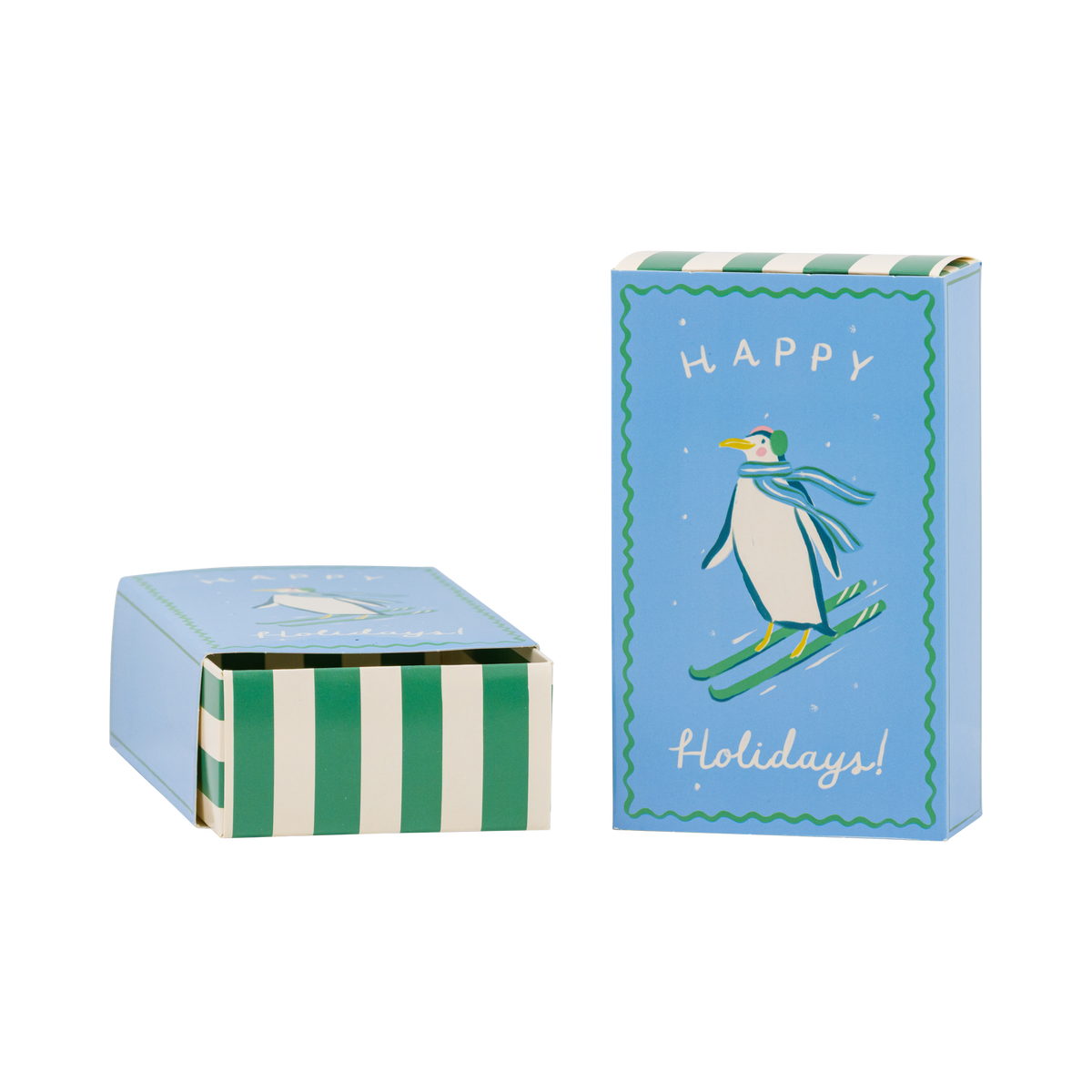 Blue Happy Holidays treat box with skiing penguin shown open and closed