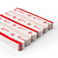 Stacked scalloped napkins showing red candy cane and peppermint pattern—perfect for candy cane Christmas decor.