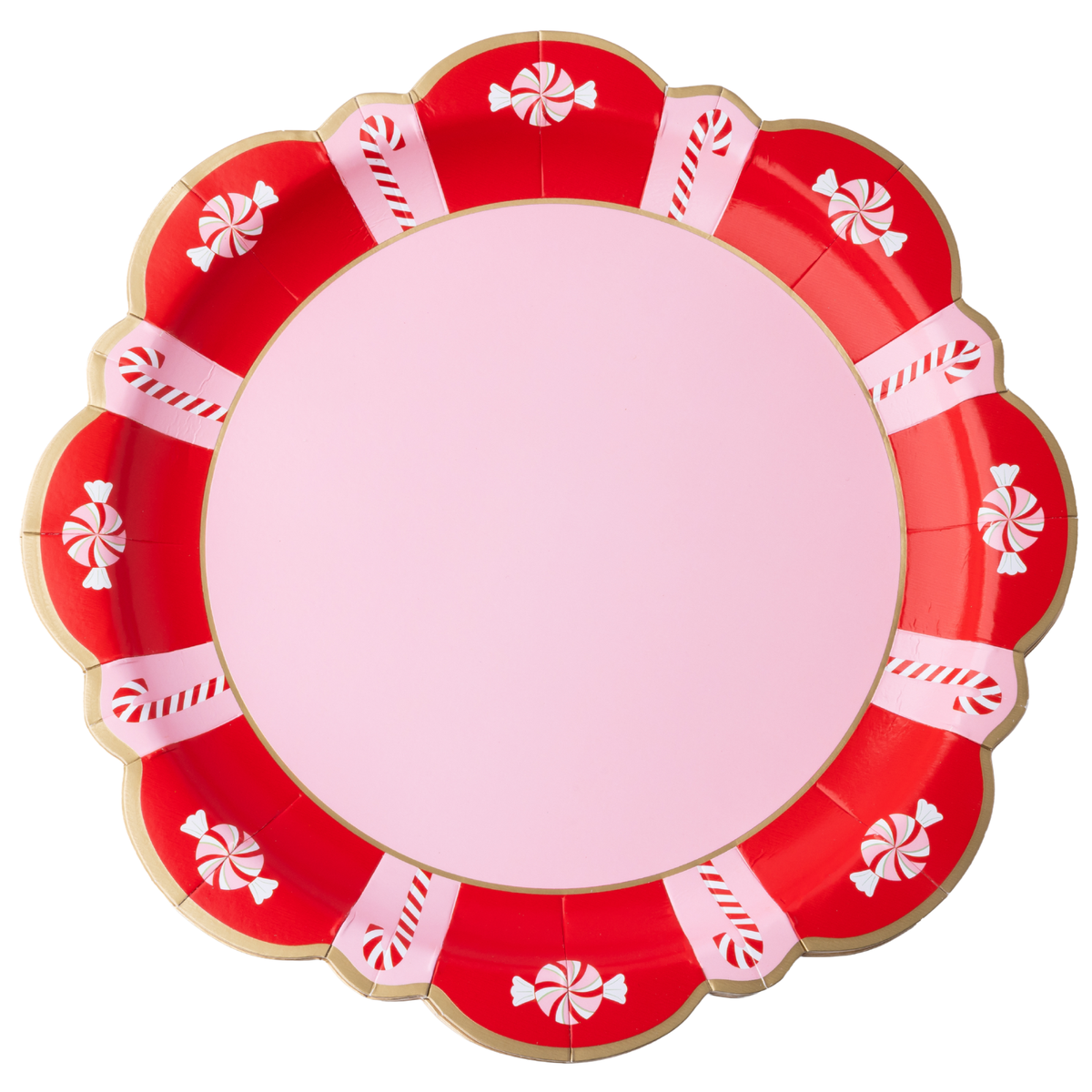 Pink and red peppermint candy paper dinner plate with candy canes and a gold scalloped rim