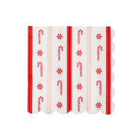 Single large scalloped napkin with vertical candy canes and peppermints—luncheon size Christmas paper napkins.