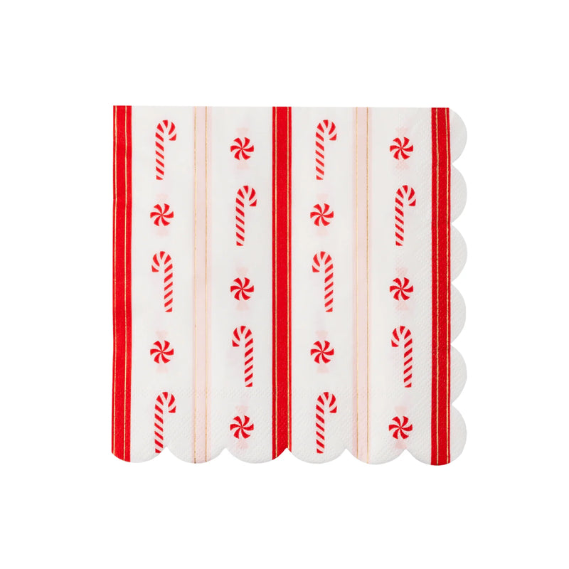 Single large scalloped napkin with vertical candy canes and peppermints—luncheon size Christmas paper napkins.