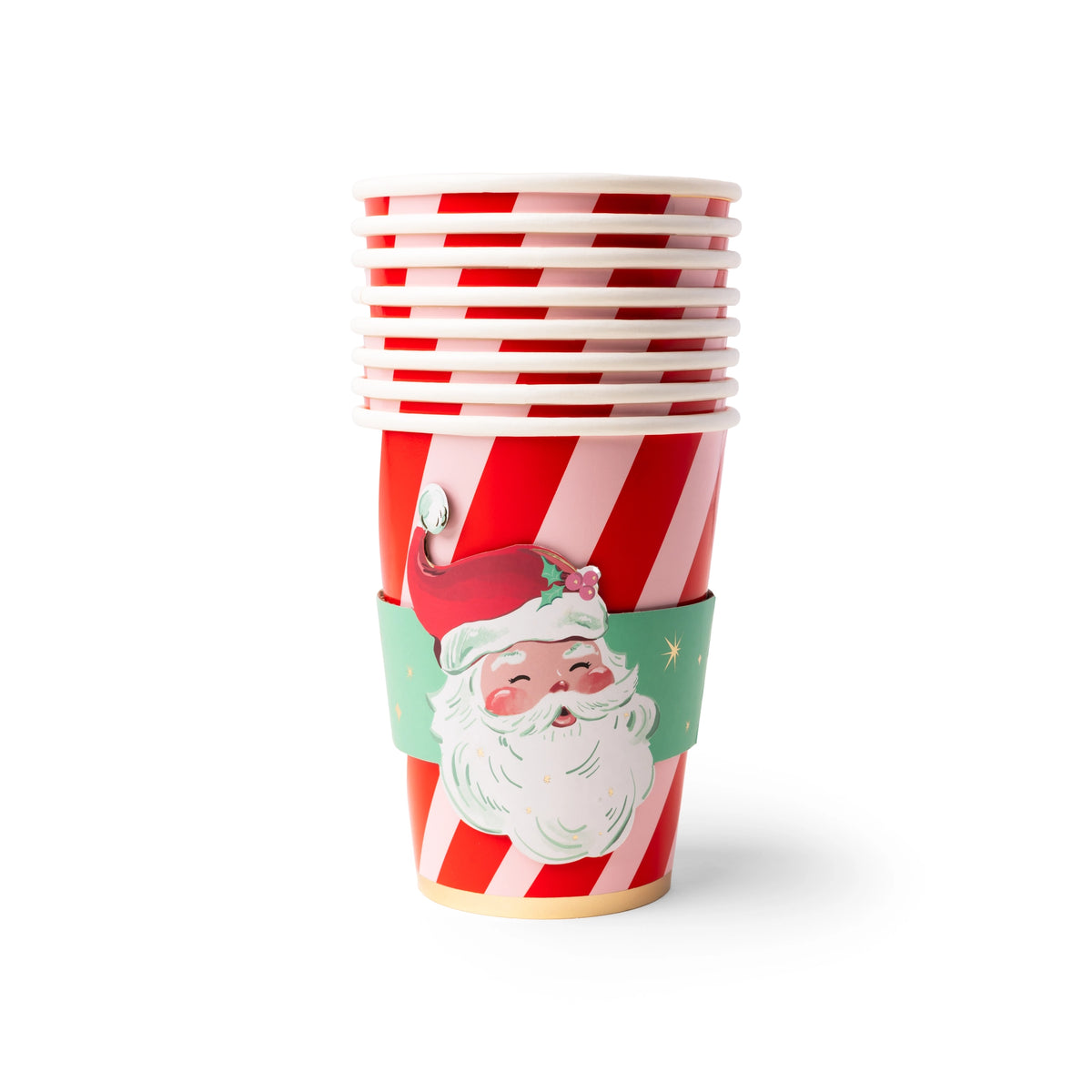 Stack of red-and-pink peppermint-striped paper cups wrapped in green Santa sleeves, shown without lids.