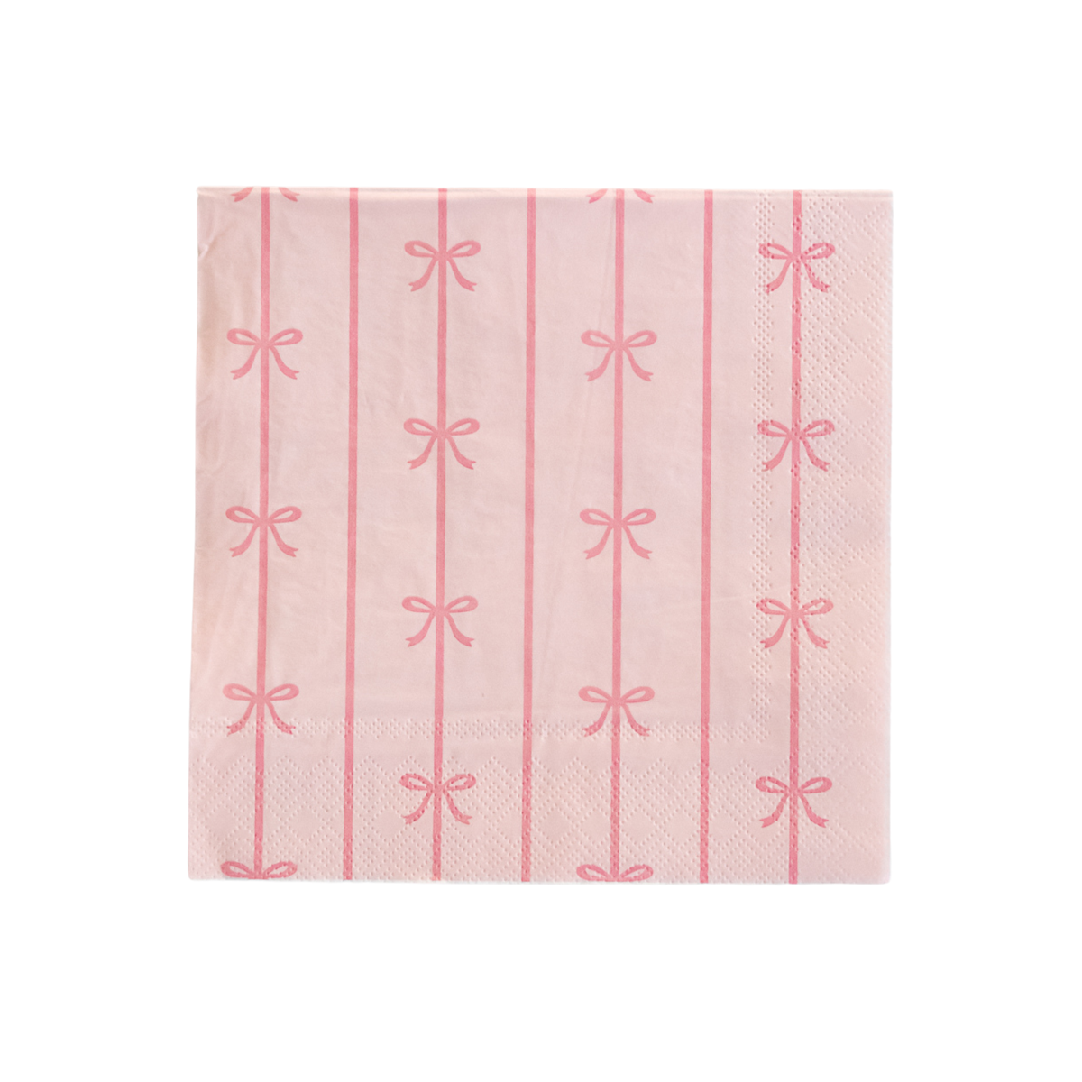 Close-up image of a petal pink paper napkin with vertical bow stripes from the Bonjour Fête Signature Line.