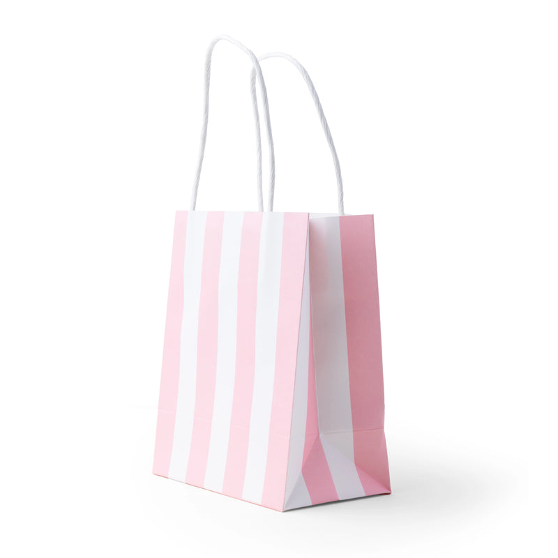 Petal pink cabana stripe favor bag shown at an angle