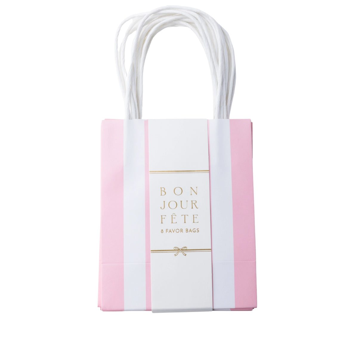 Petal pink cabana stripe paper favor bag with a center label and handles