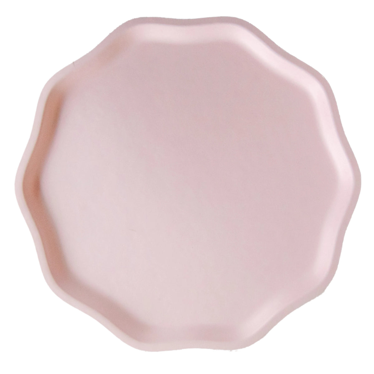 Isolated petal pink 10.5-inch compostable dinner plate with scalloped edge—large pink paper plates.