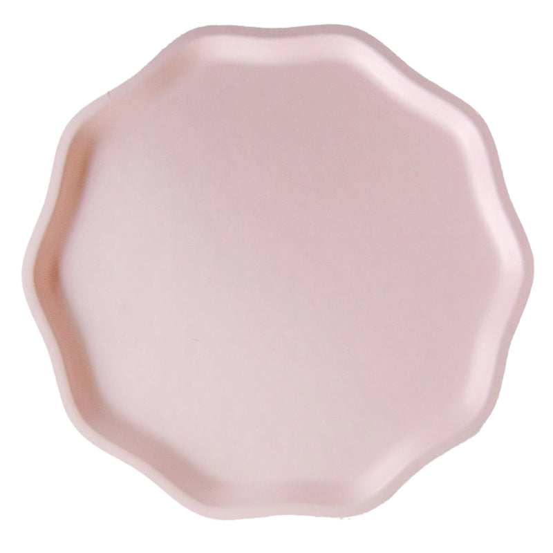 Isolated petal pink 10.5-inch compostable dinner plate with scalloped edge—large pink paper plates.