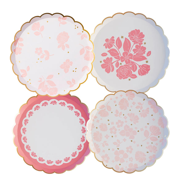 Product grid showing four Petal Pink floral dessert plate designs with gold trim—scalloped paper dessert plates.