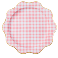 Elegant petal pink gingham dinner plate with gold foil scalloped rim, 11 inch round.
