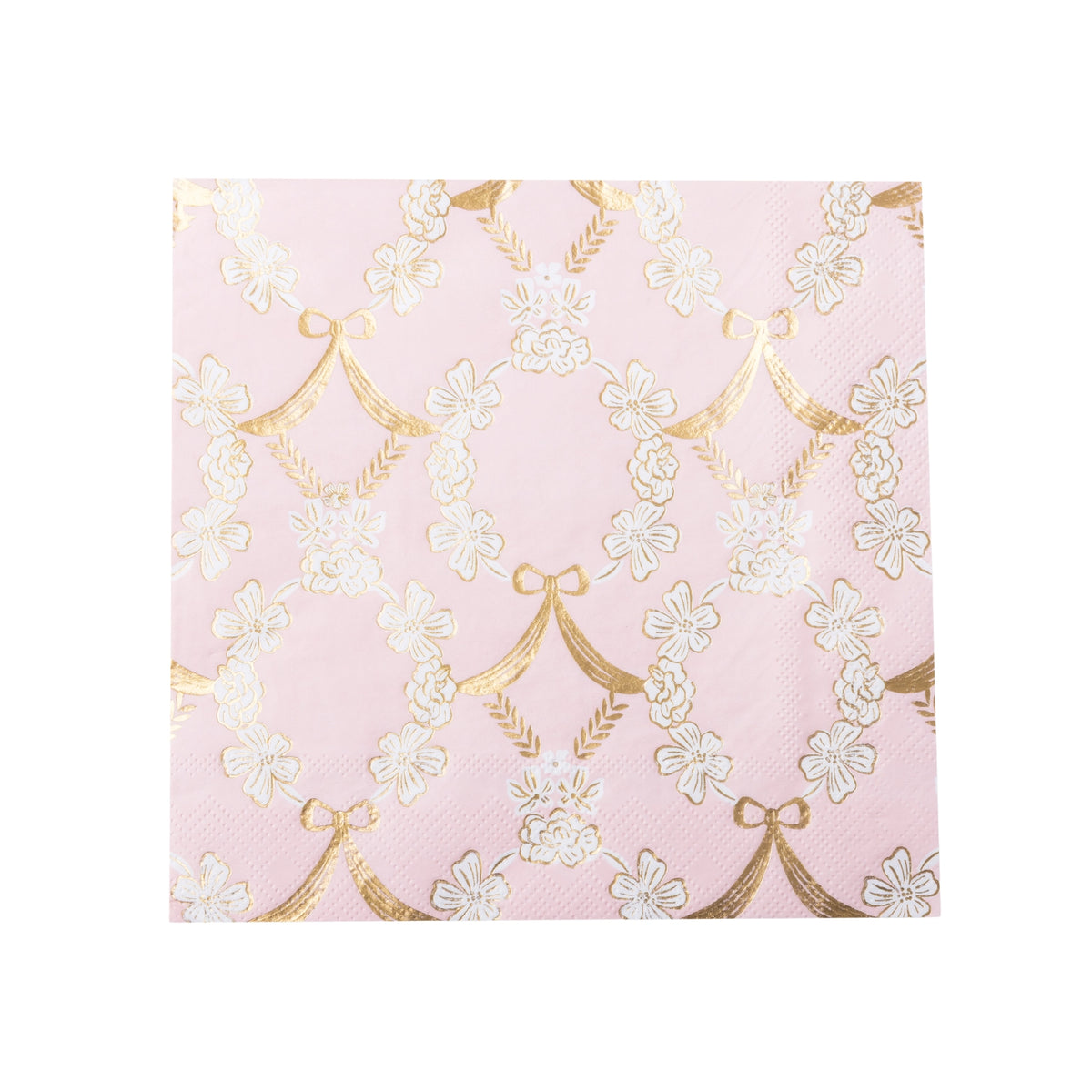 Petal pink Rococo paper dinner napkin with a delicate gold and white French floral