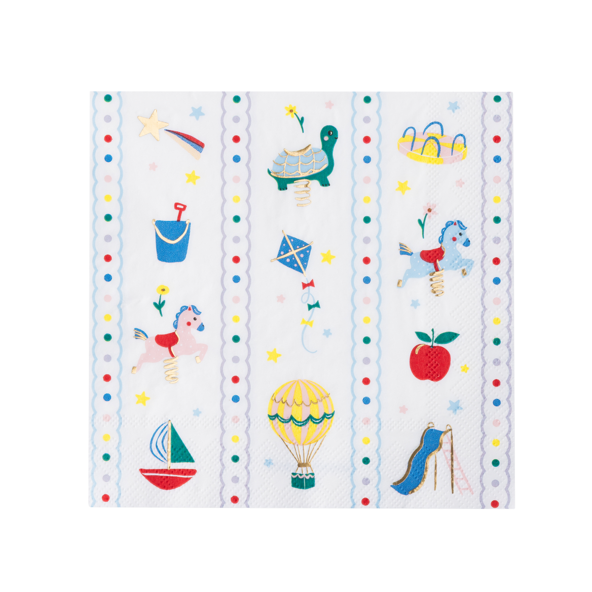 Single Petite Playground paper lunch napkin on white background showing the full classic toy print — pink and blue carousel horses, sailboat, hot air balloon, kite with bow tail, spring turtle, slide, sand bucket and shovel, red apple, and shooting star — arranged between scalloped stripe borders with rainbow confetti dot detail