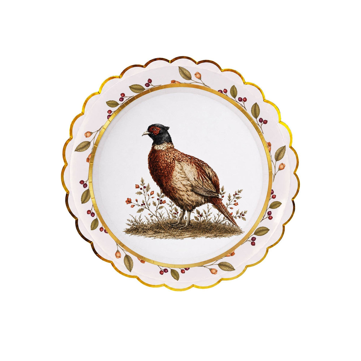 Pheasant plate layered on a mulberry-wreath plate, the game bird framed by the green-and-berry wreath border.