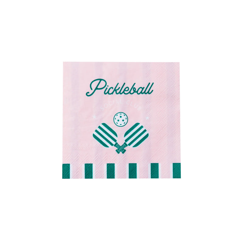 Pink napkin with ‘Pickleball Social Club,’ paddles and ball—easy pickleball party decorations.