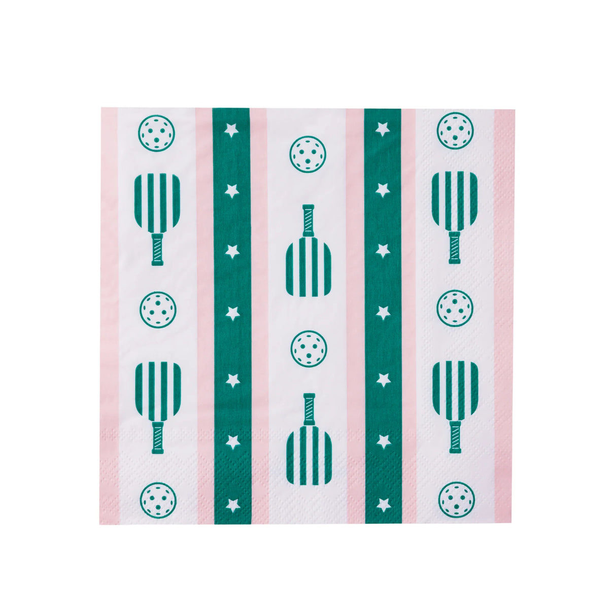 Pink and white striped lunch napkin with teal paddles and balls—perfect pickleball party decorations.