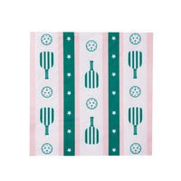 Pink and white striped lunch napkin with teal paddles and balls—perfect pickleball party decorations.