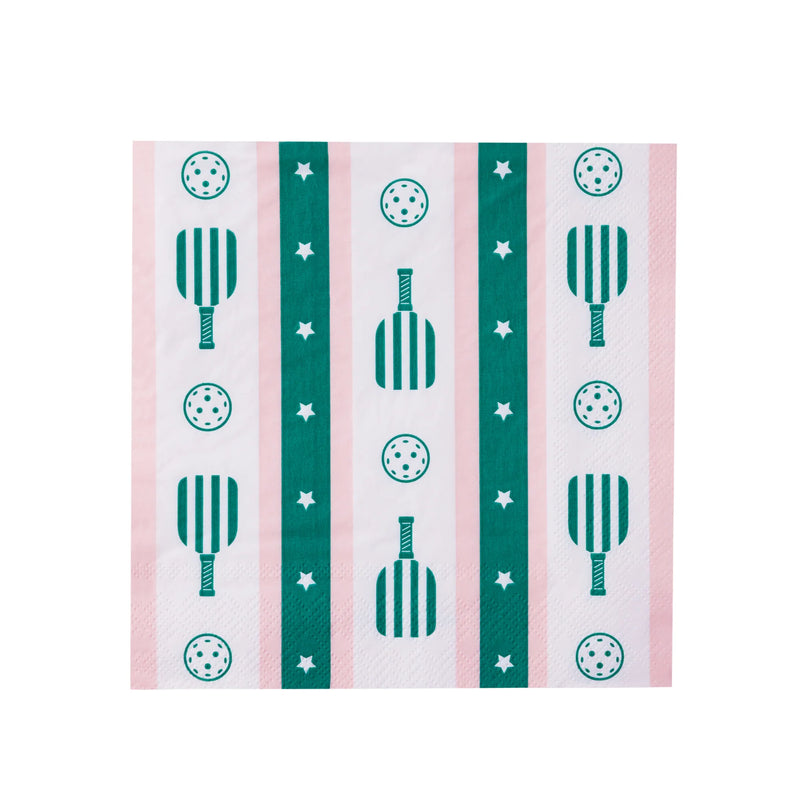 Pink and white striped lunch napkin with teal paddles and balls—perfect pickleball party decorations.