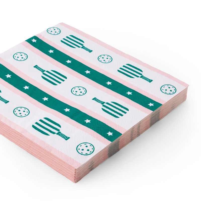 Stack of striped pickleball paper napkins with teal paddles—easy pickleball party decorations.