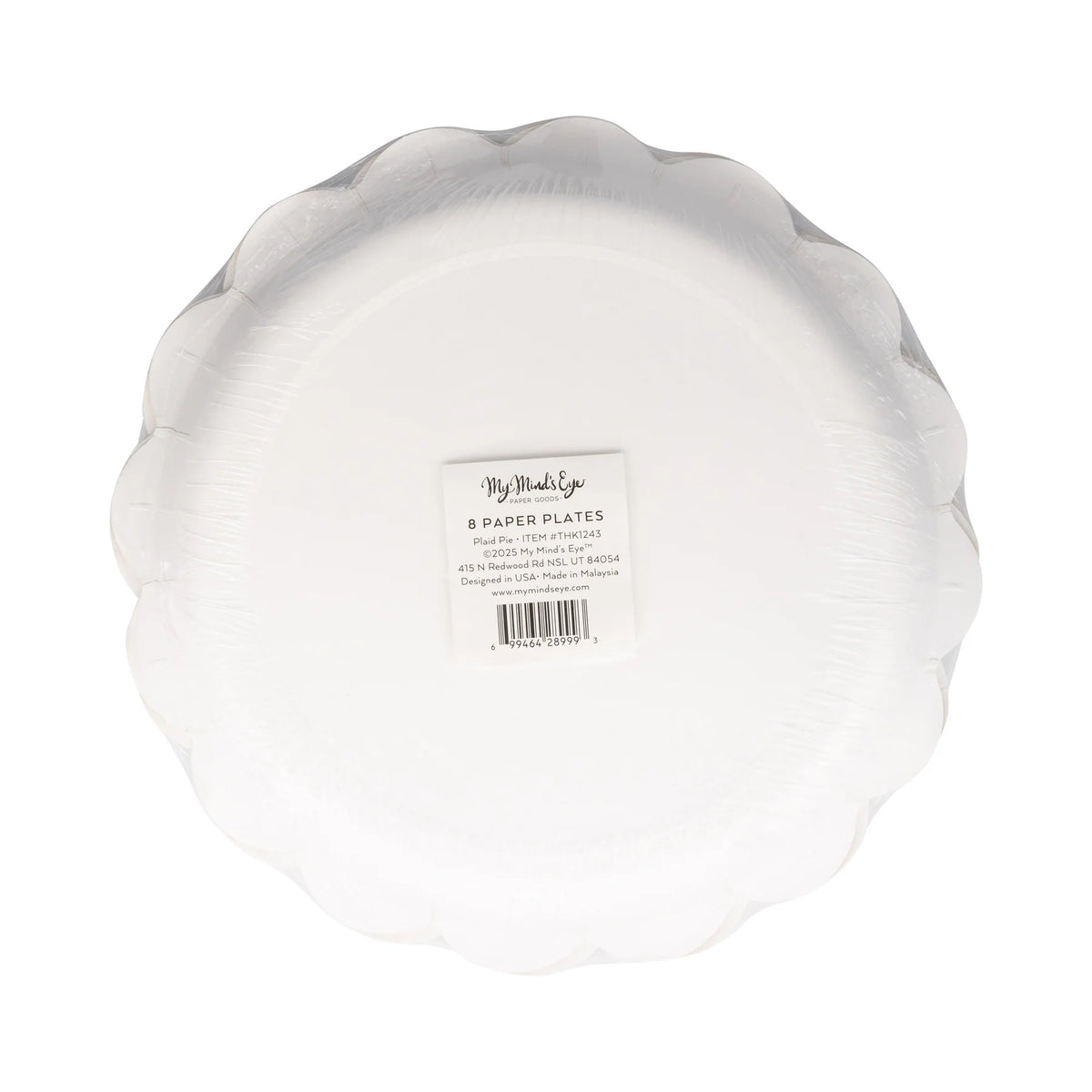 Retail package containing an 8-pack of pie-shaped dessert plates.
