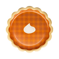 Pie-shaped 8.5-inch dessert paper plate with gold rim, front view.