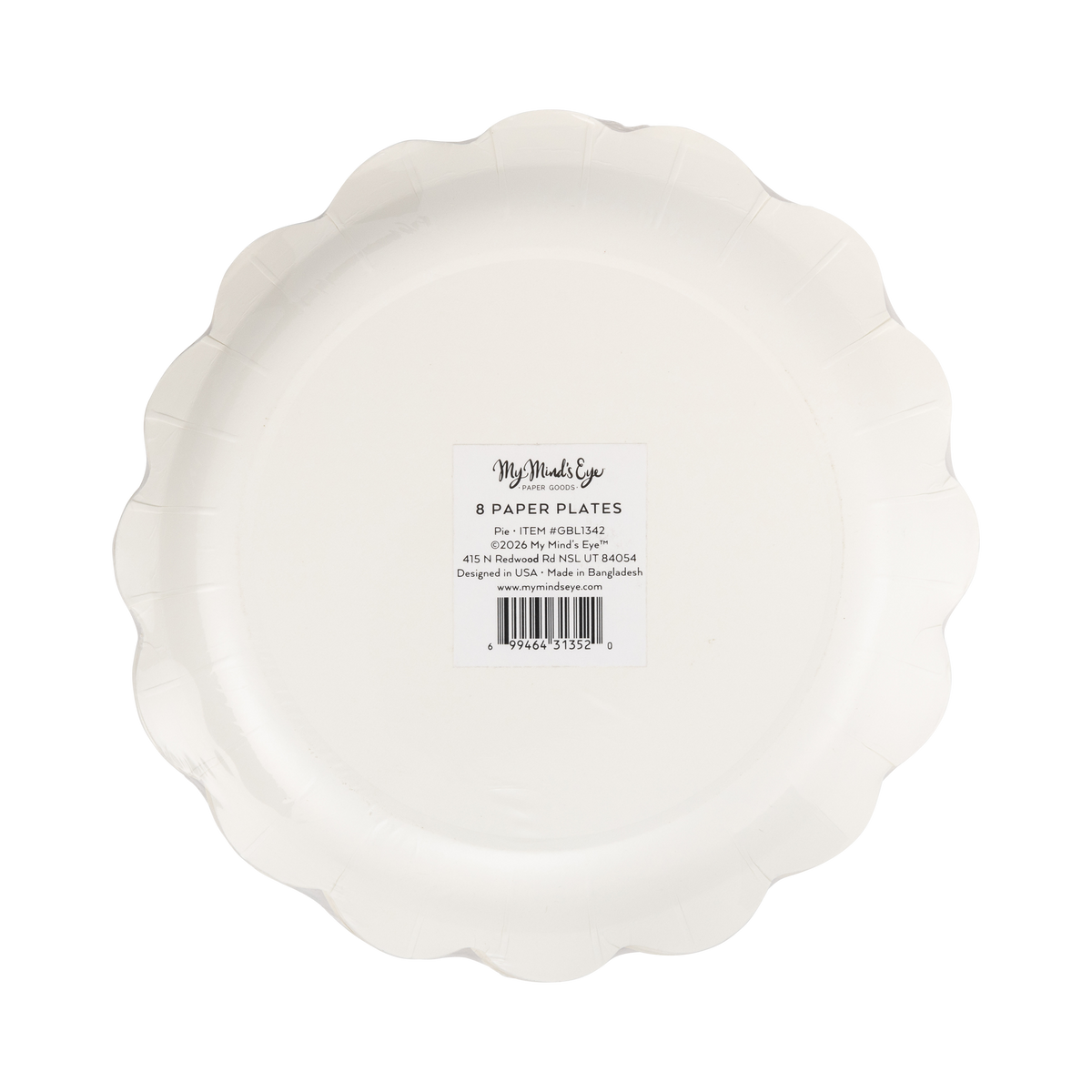 Back packaging of a pumpkin die-cut shaped with scalloped edge paper plate with 'My Mind's Eye' branding on a clear packaging.