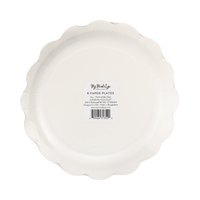 Back packaging of a pumpkin die-cut shaped with scalloped edge paper plate with 'My Mind's Eye' branding on a clear packaging.