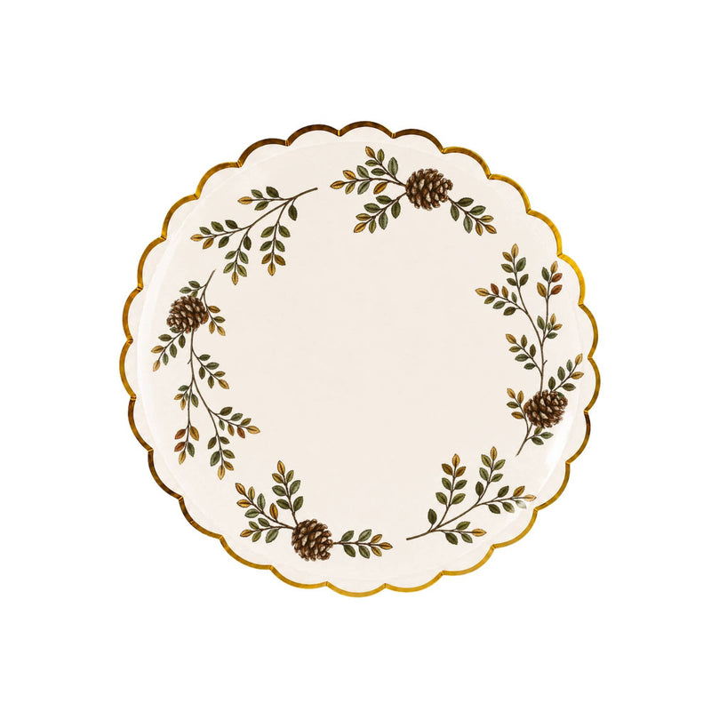 Cream pinecone-and-evergreen wreath dessert plate with a scalloped gold rim and gold-foil accents.
