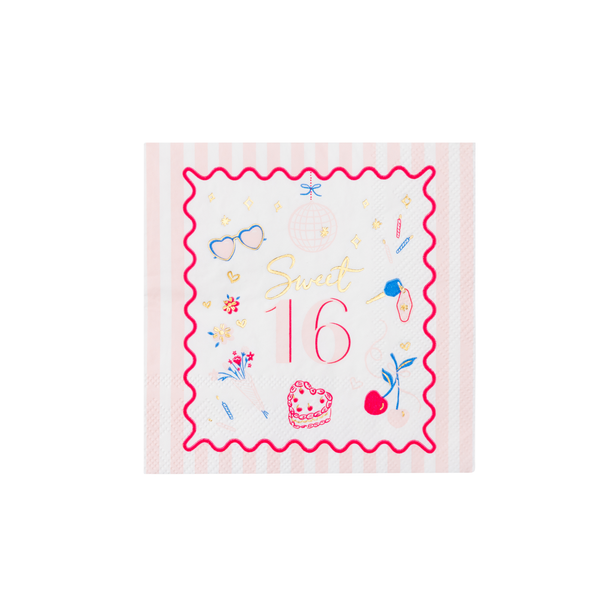 Single folded square napkin with a pink scalloped border and doodle icons representing a sixteenth birthday party.
