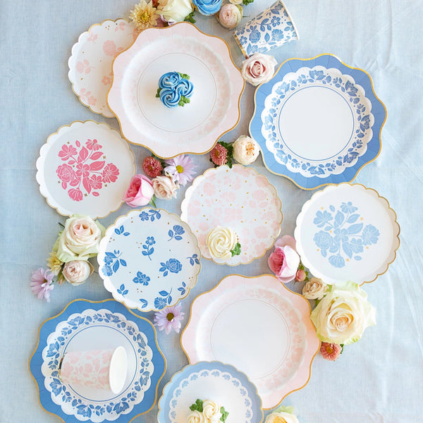 Mix of Petal Pink and Belle Blue floral dessert plates styled with cupcakes and fresh florals.