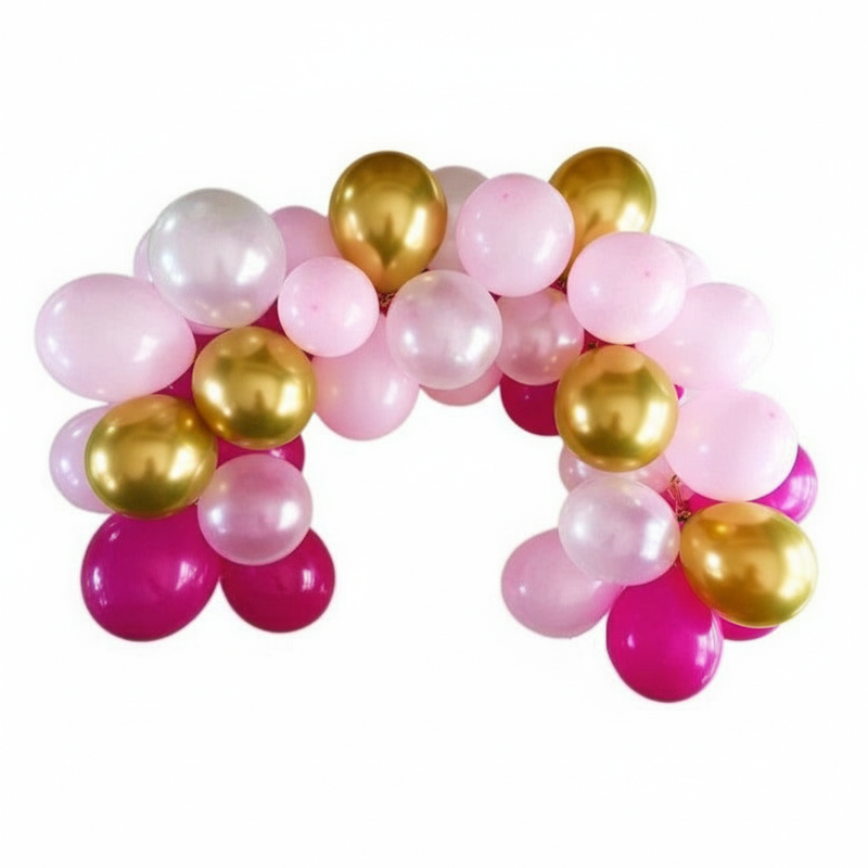 Arch-shaped balloon display featuring metallic gold, soft pink, and white balloons