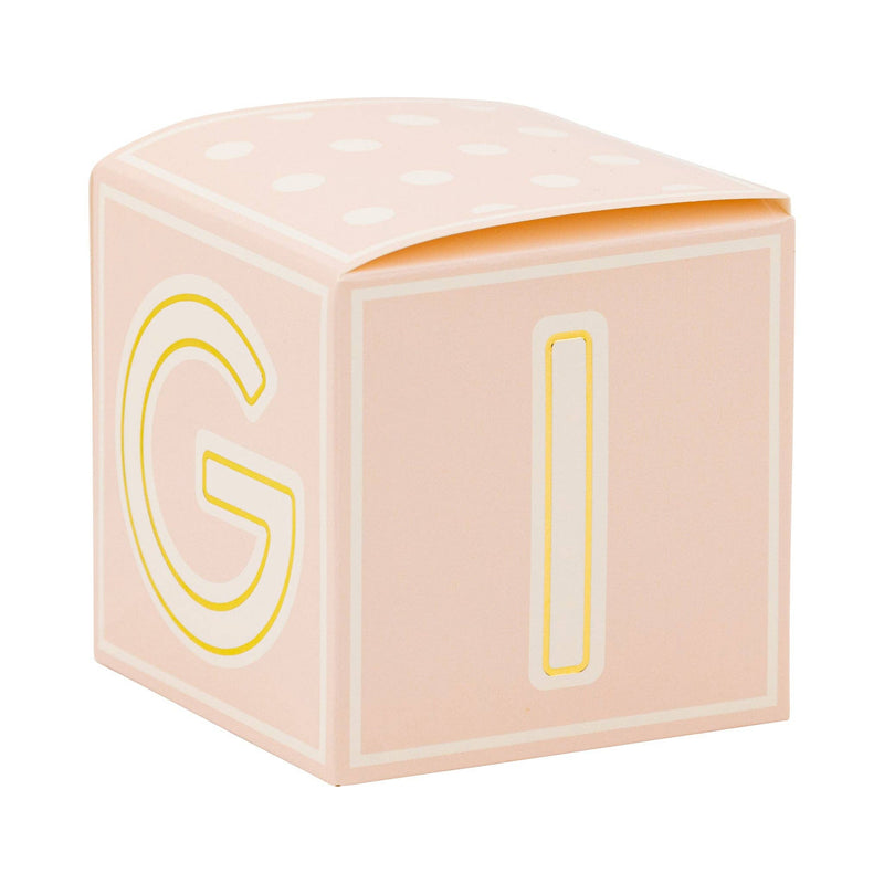 Pink block treat box with gold foil letter for baby shower favors