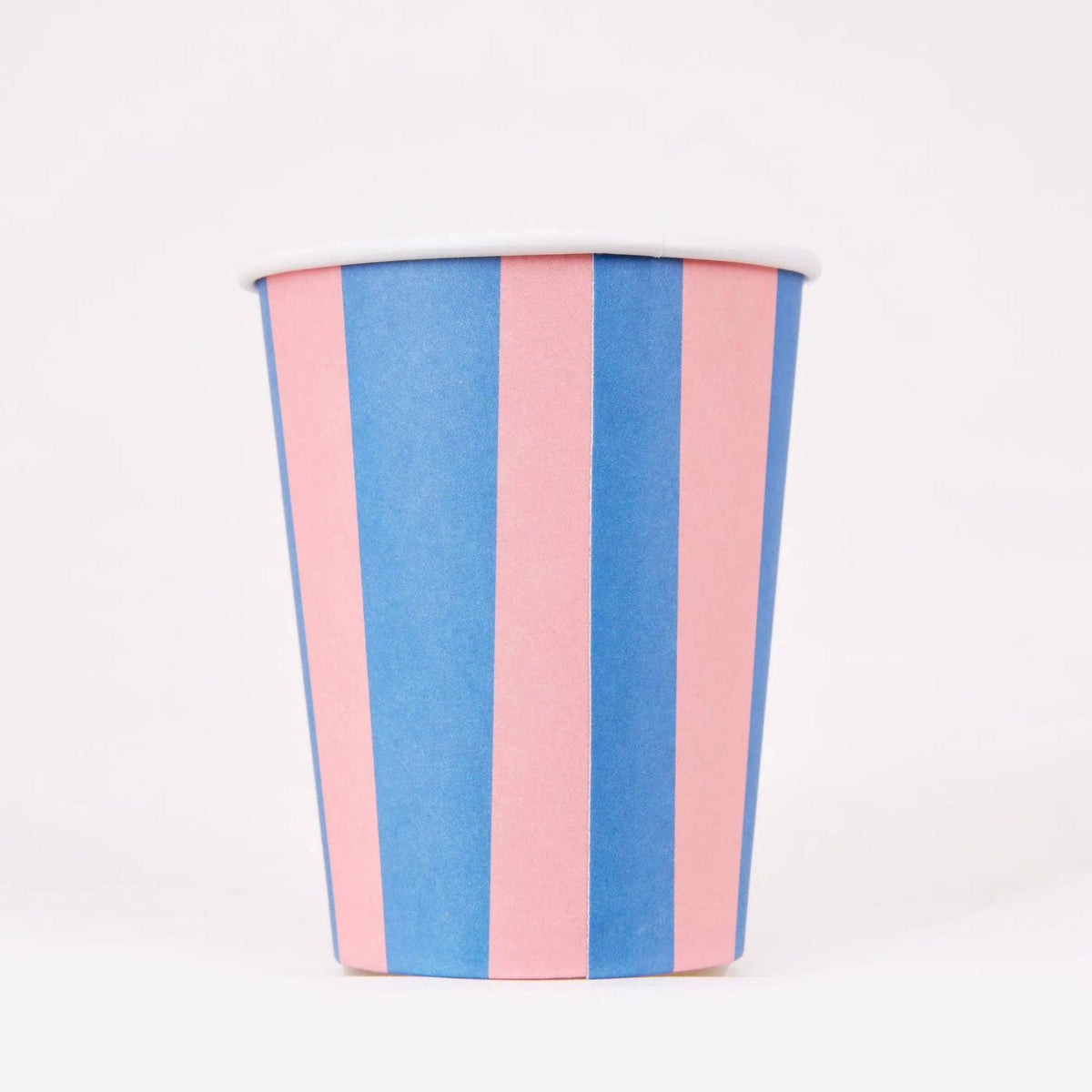 Pink and blue two-tone cabana stripe paper party cup, front view, on a white background.