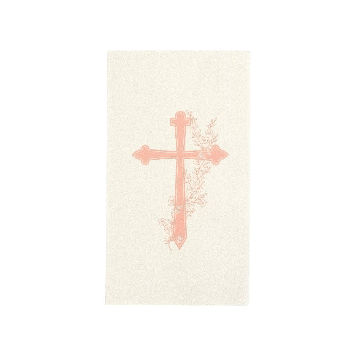 A single white guest towel featuring a soft pink botanical cross and delicate floral sprigs for a sweet religious milestone.