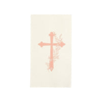 A single white guest towel featuring a soft pink botanical cross and delicate floral sprigs for a sweet religious milestone.