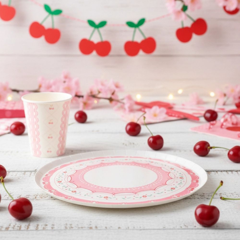 Cherry party cup and dessert plate styled with fresh cherries and a garland