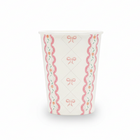 Single paper party cup with pink bow lattice and floral border pattern