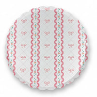 Single 10-inch paper plate with pink bow lattice and scalloped edge