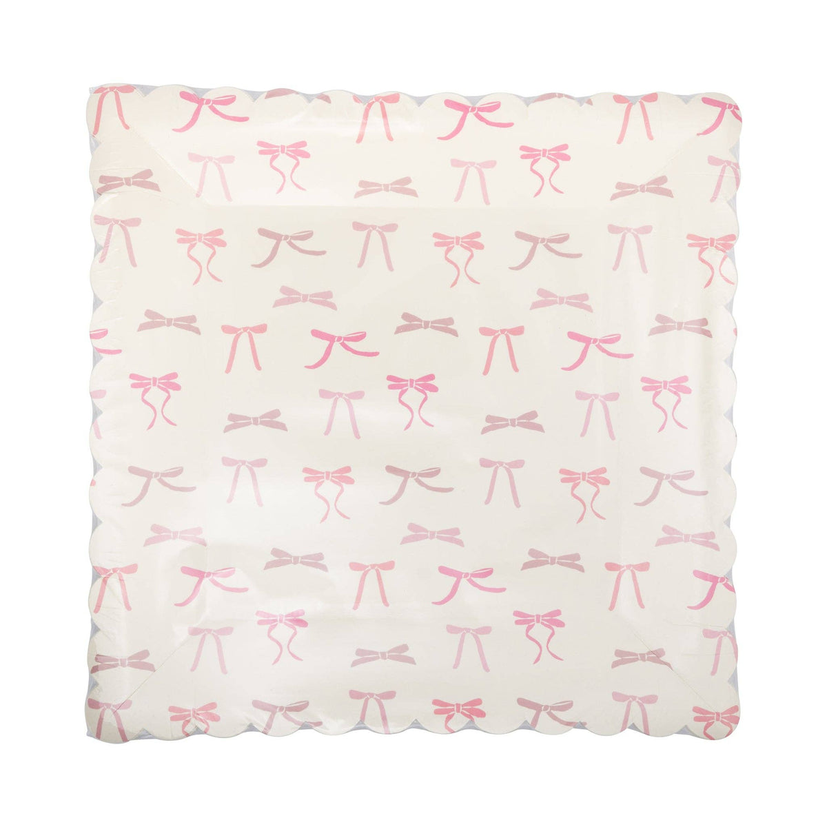 Single Pink Bow Print Square Paper Plate on white background showing cream background with all-over pink ribbon bow print in multiple shades of pink and a scalloped square edge