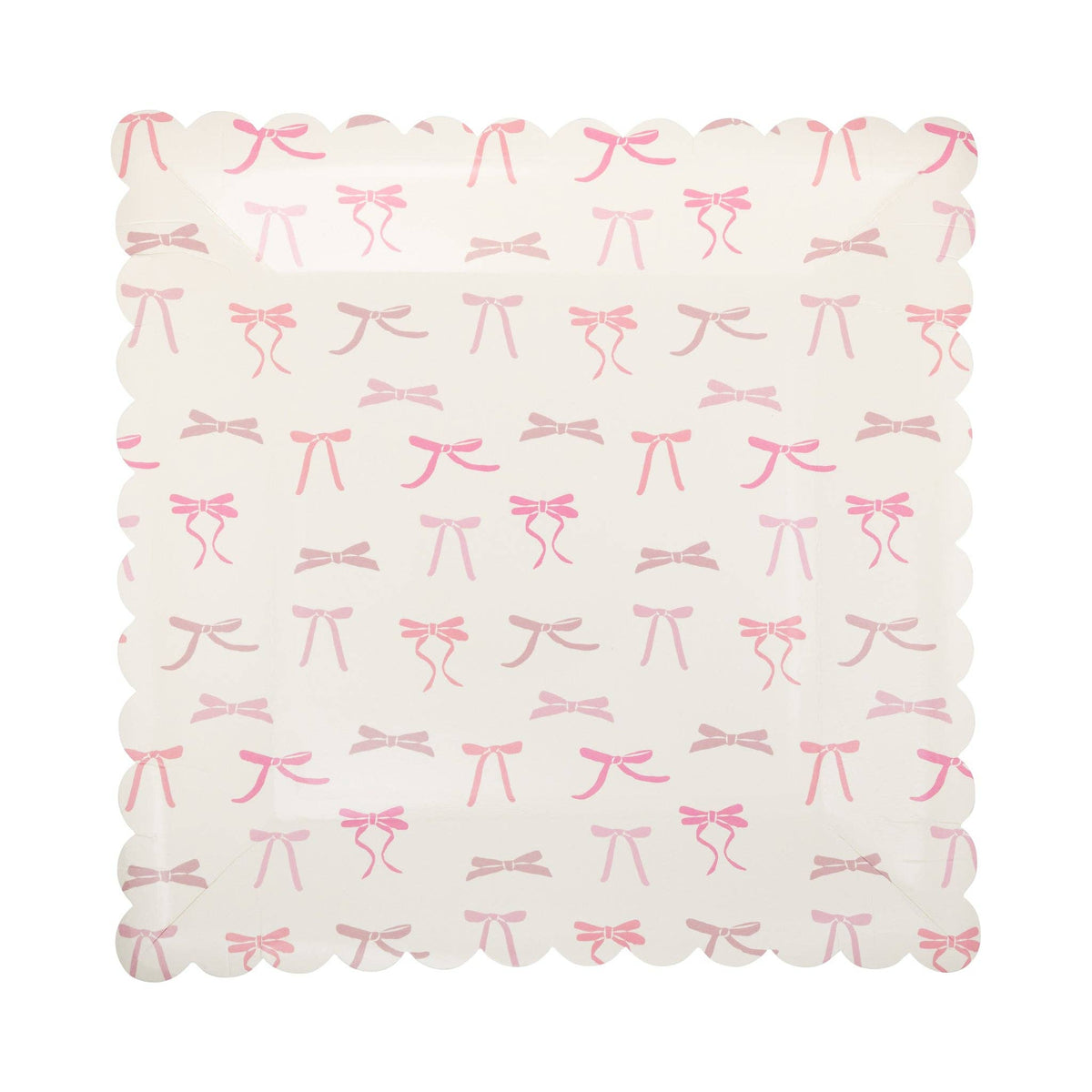 Top-down view of Pink Bow Print Square Paper Plate showing the full all-over pink ribbon bow pattern with bows in varying shades of pink scattered across cream surface, framed by a scalloped square edge