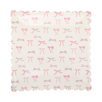 Top-down view of Pink Bow Print Square Paper Plate showing the full all-over pink ribbon bow pattern with bows in varying shades of pink scattered across cream surface, framed by a scalloped square edge