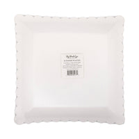 Back view of stack of Pink Bow Print Square Paper Plates showing scalloped square edge and the My Mind's Eye paper goods product label confirming 8 paper plates pink bows design, SKU PLPL1829