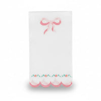 Single white luncheon napkin with a pink bow and scalloped floral edge