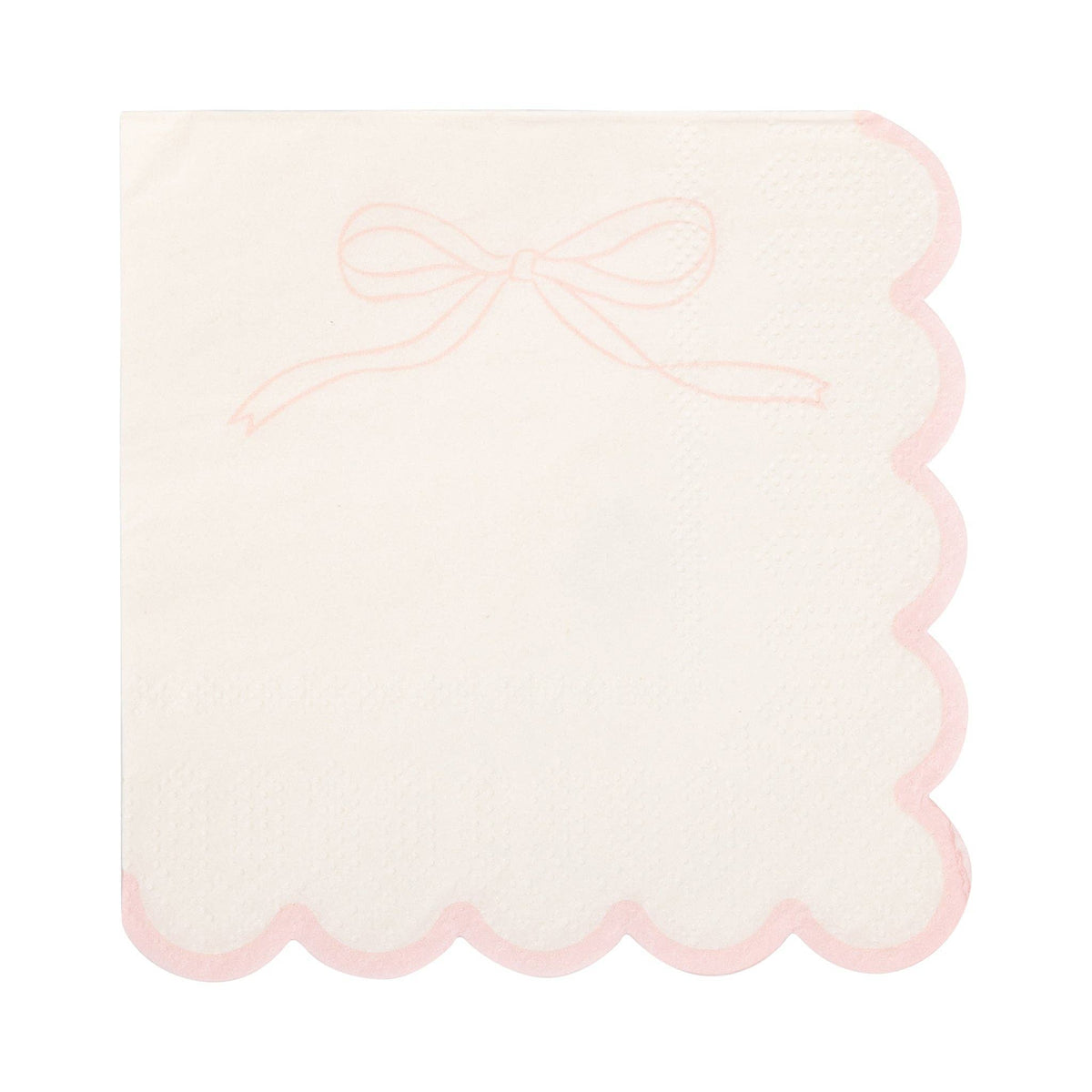 Single cream Pink Bow Scalloped Paper Cocktail Napkin unfolded on white background showing cream surface with pink ribbon bow line drawing in upper left corner and pink scalloped edges on all sides