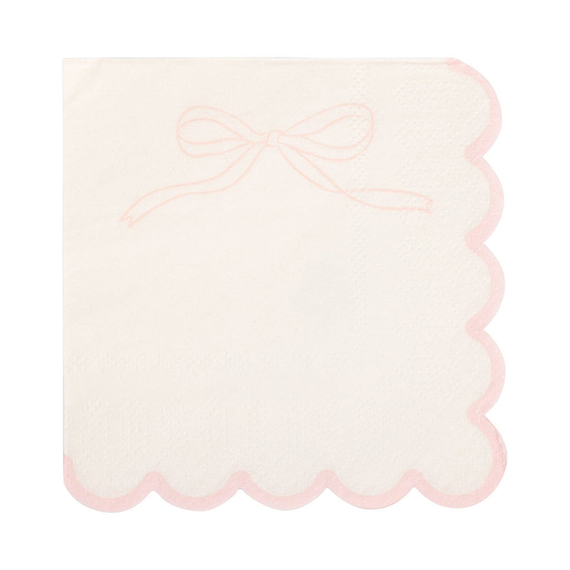 Single cream Pink Bow Scalloped Paper Cocktail Napkin unfolded on white background showing cream surface with pink ribbon bow line drawing in upper left corner and pink scalloped edges on all sides