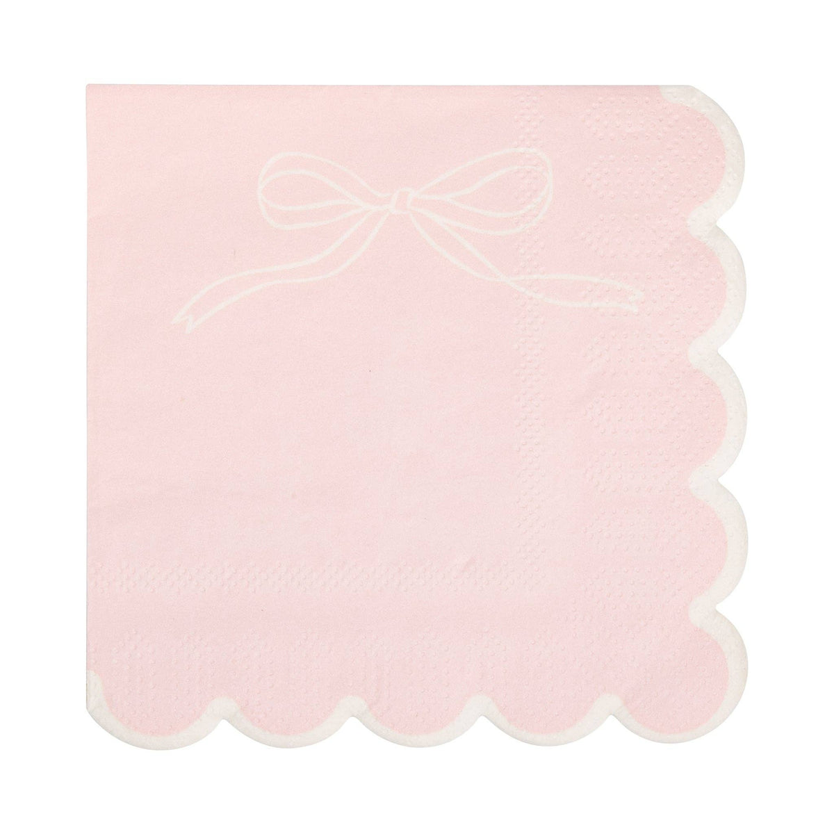 Single pink Pink Bow Scalloped Paper Cocktail Napkin unfolded on white background showing pink surface with white ribbon bow line drawing in upper left corner and white scalloped edges on all sides