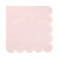 Single pink Pink Bow Scalloped Paper Cocktail Napkin unfolded on white background showing pink surface with white ribbon bow line drawing in upper left corner and white scalloped edges on all sides